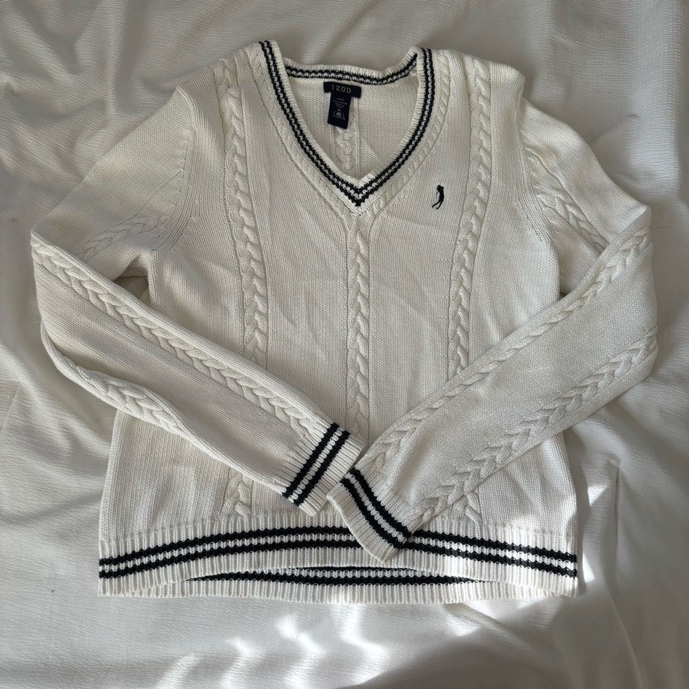 Izod V-Neck Sweater in White with Black Trim